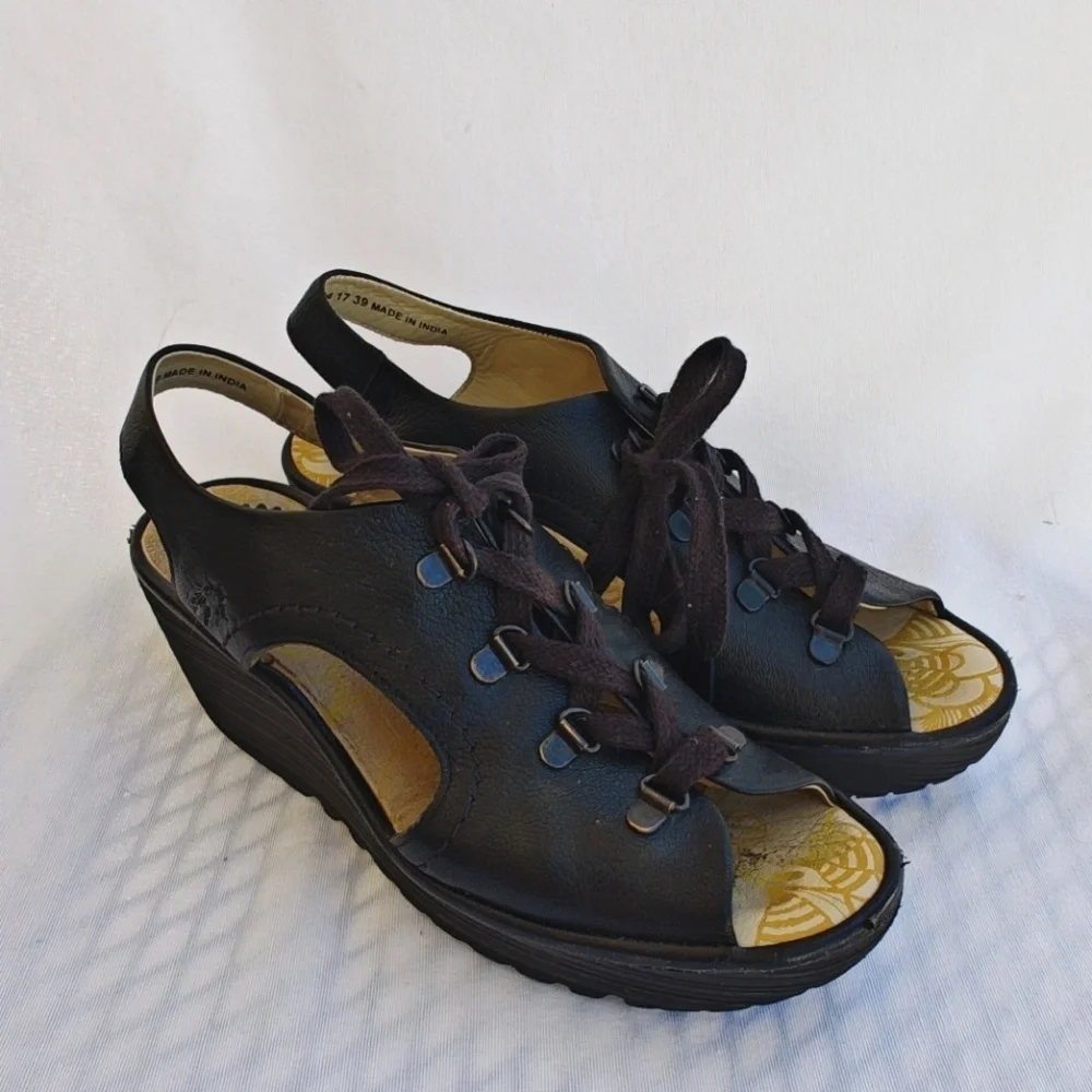 Fly London‎ YLFA Wedge Sandals Leather Black Lace Up Platform Size EU 39
